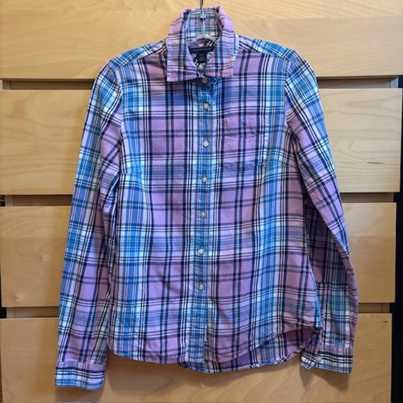 TOMMY HILFIGER Purple Blue Plaid Button Up Shirt, Size: S (fits like XS) - Picture 1 of 3